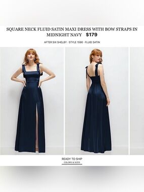 After Six Midnight Navy Satin Maxi with Bow Shoulder Straps